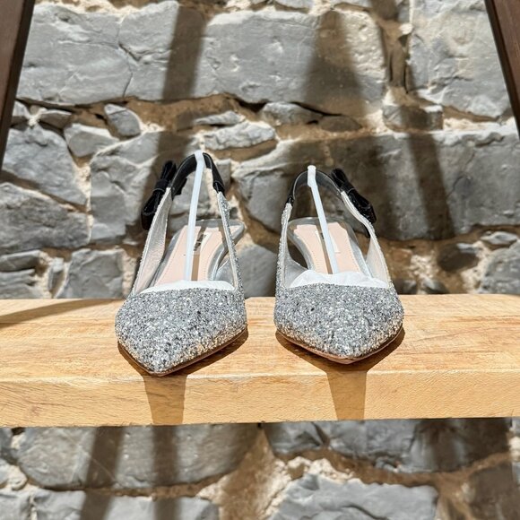 Miu Miu Silver Glitter Slingback Bow Pumps - Picture 5 of 13